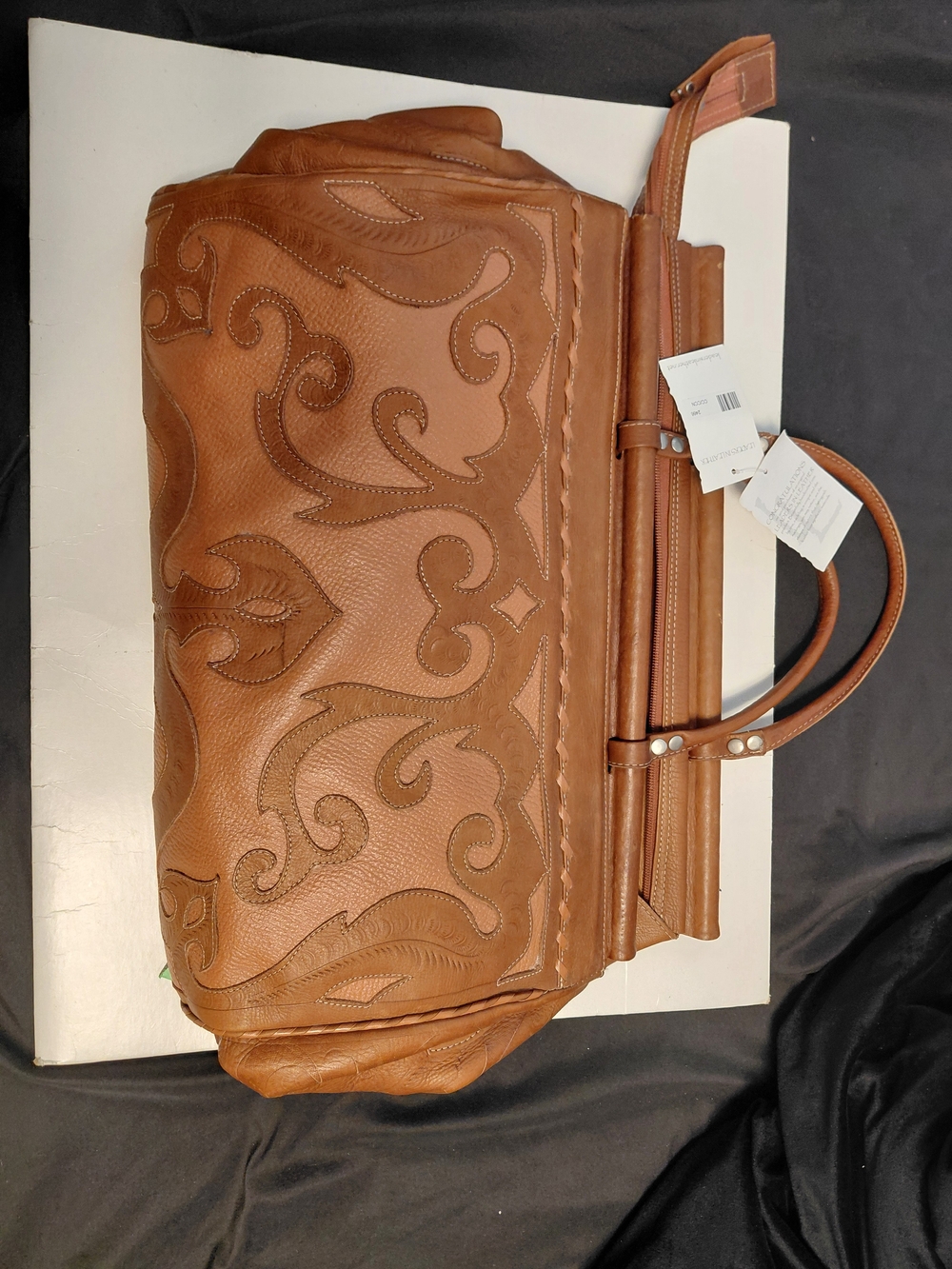Embossed Leather Tote in Brown with Scroll Detailing
